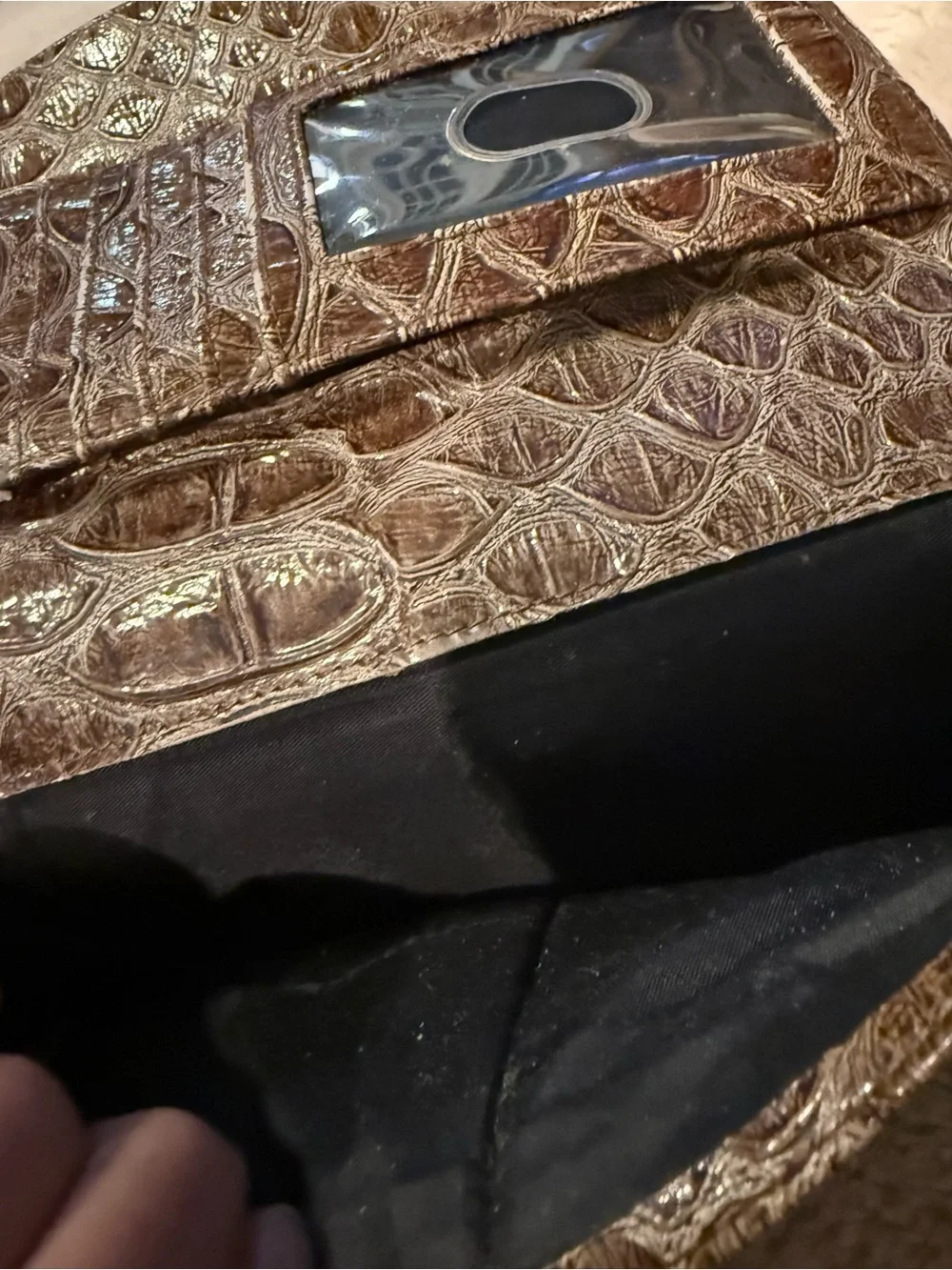 GUESS Metallic Taupe Croc-Embossed Clutch with Buckle